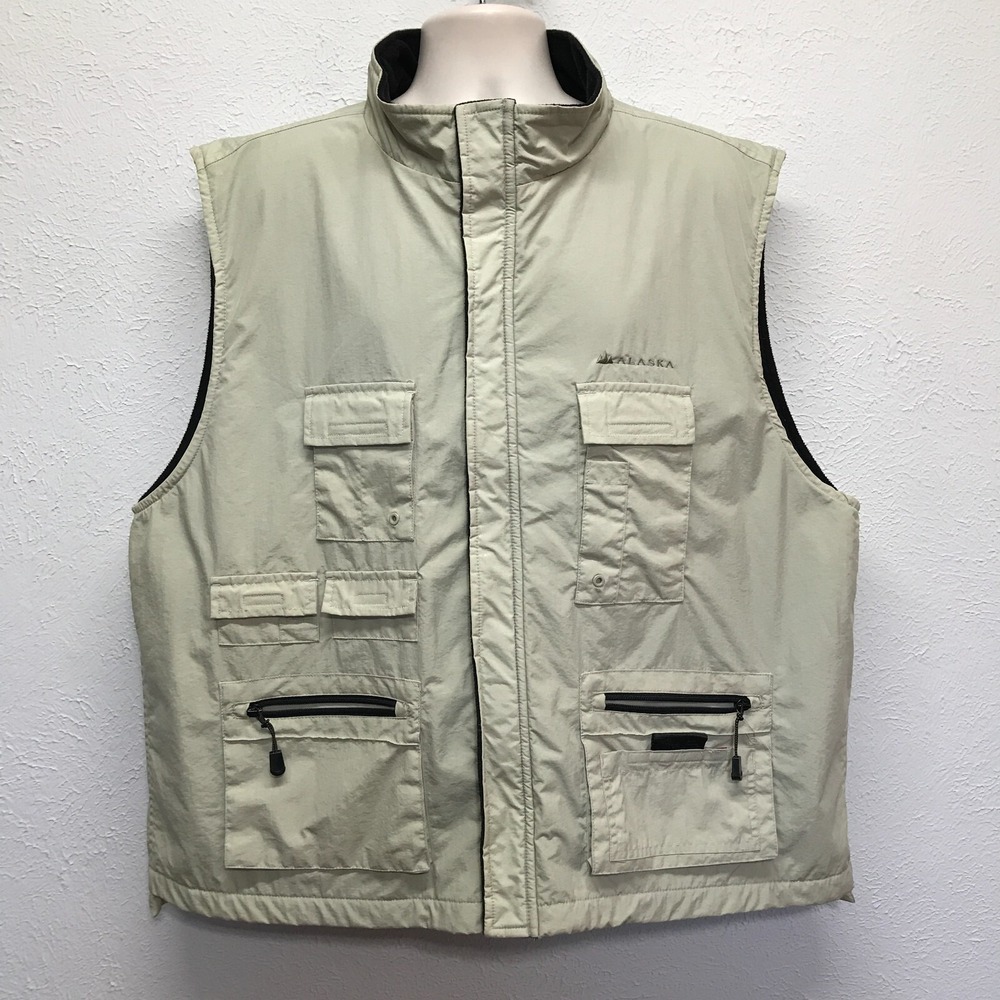 VTG Arctic Image Fishing Hiking Vest Mens XXL Khaki Fleece Lined Full Zip Alaska